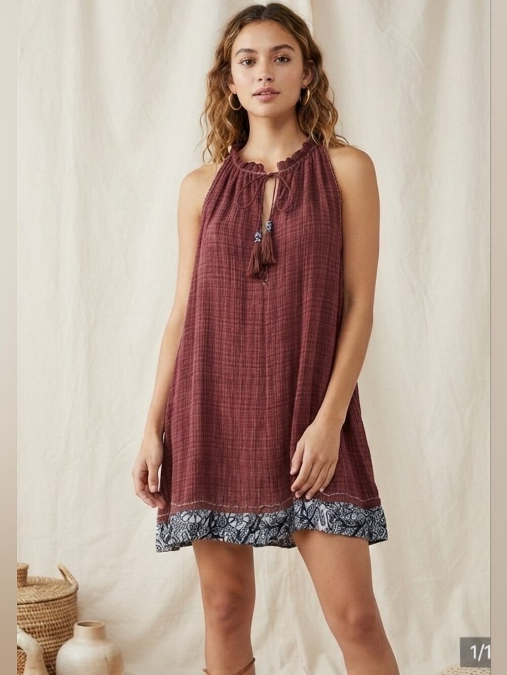 Free People Stargazer Plaid Halter Tunic Mini Dress Burgundy Size Small S